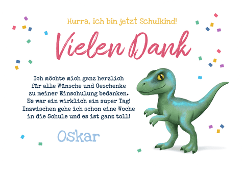 Danksagung 1. Schultag Fotos & Dino Raptor in Schultüte Rückseite