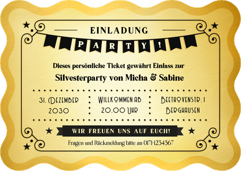 Einladung Silvesterparty Goldenes Ticket Rückseite