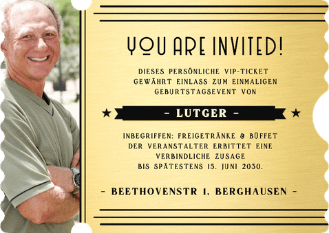 Einladung Ticketkarte gold V.I.P. 60. Geburtstag Rückseite