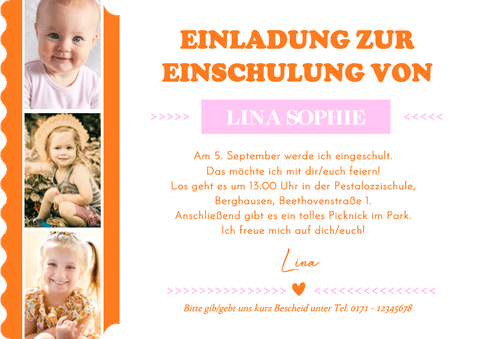 Einladung zur Einschulung Ticket Colourblocking pink-orange Rückseite