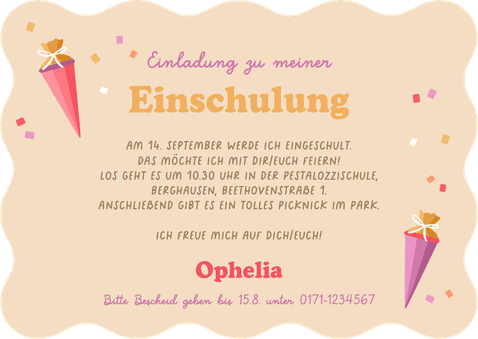 Einladungskarte Schulanfang Einhorn mit Schultüte & Fotos Rückseite
