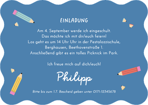 Einladungskarte Schulanfang Foto & Bleistift-Schrift Rückseite