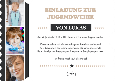 Einladungskarte Ticket Jugendweihe Kraftlook & Schwarz Rückseite