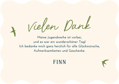 Foto-Danksagung Jugendweihe Vögel blau gestreift Rückseite