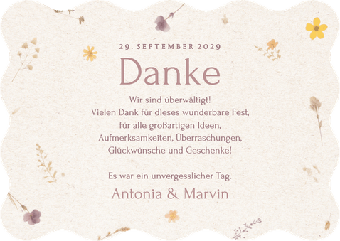 Foto-Danksagung Wellenform Papier mit gepressten Blumen Rückseite