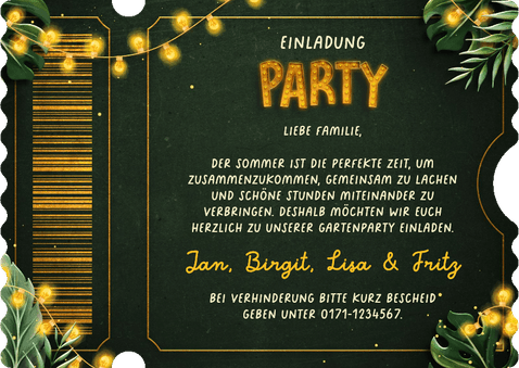 Foto-Einladung Eintrittskarte Ticket Gartenparty Sommer Rückseite