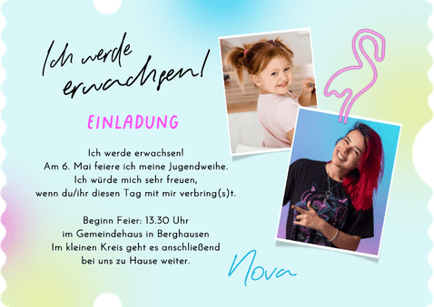 Foto-Einladung V.I.P.-Ticket Neon Jugendweihe Rückseite