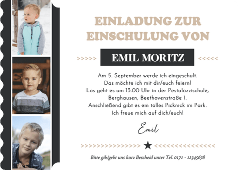 Foto-Einladung zur Einschulung Ticket Kraftlook Rückseite