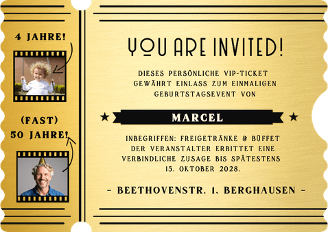 Geburtstagseinladung Ticket original Ticketform VIP schwarz Rückseite