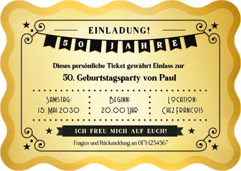 Geburtstagseinladung Wellenform Goldenes Ticket 50 Jahre Rückseite