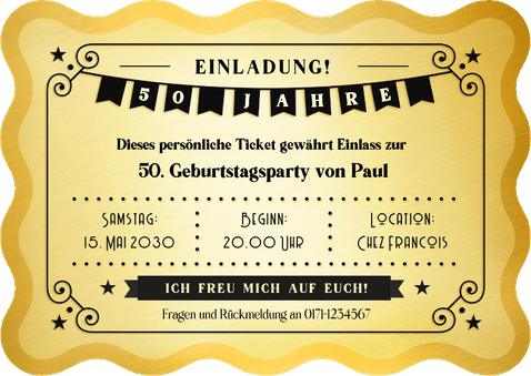 Geburtstagseinladung Wellenform Goldenes Ticket 50 Jahre Rückseite