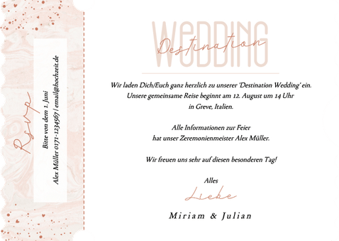 Hochzeitseinladung Ticket-Form rosa 'Destination Wedding' Rückseite