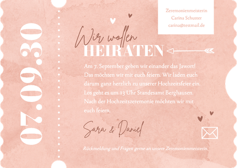 Hochzeitseinladung Ticket rosa Aquarell VIP Foto Rückseite