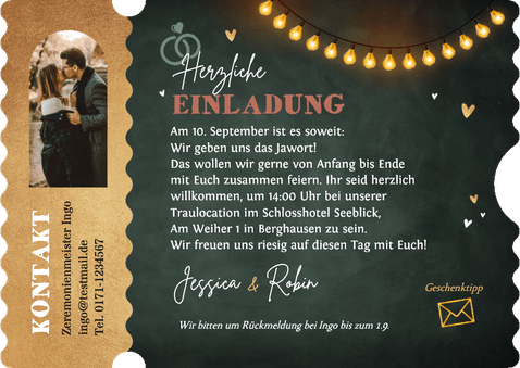 Hochzeitskarte Ticket Wegweiser Rückseite