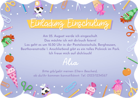 Lila Foto-Einladung 1. Schultag Wellenform bunte Symbole Rückseite