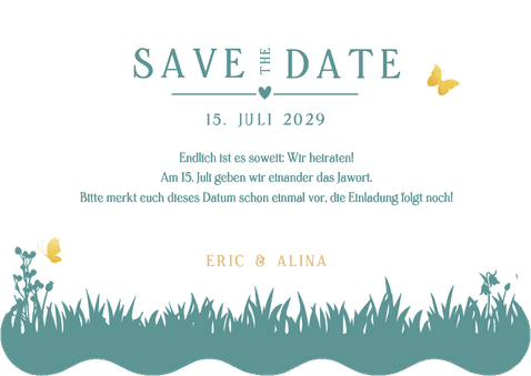 Save-the-Date Wellenkarte Paar Scherenschnitt Fahrrad Rückseite