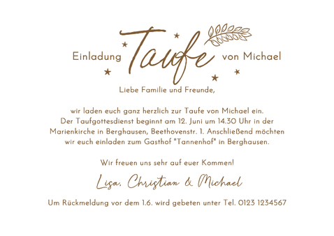 Taufkarte Wellenrand Einladung Doodles braun Rückseite