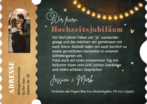 Ticket Einladung Hochzeitsjubiläum Gartenfest Wegweiser Rückseite