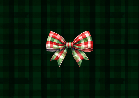 Weihnachtskarte Kranz mit Schleife kariert und Foto Rückseite