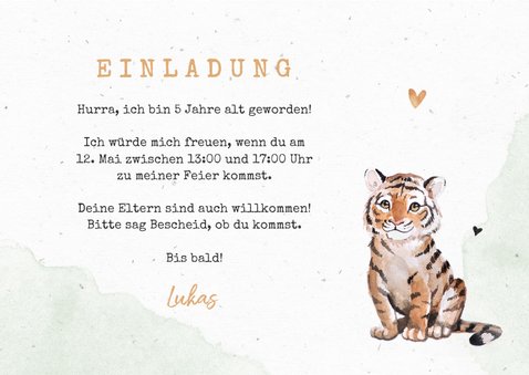 Botanische Einladung 5. Kindergeburtstag mit Foto und Tiger 3