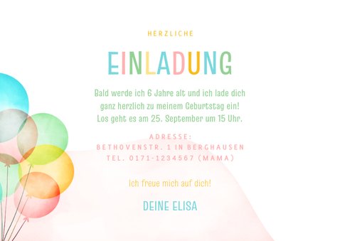 Bunte Einladung 6. Kindergeburtstag Luftballons & Foto 3