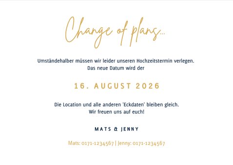 Change-of-plans-Karte zur Hochzeit klassisch Dunkelblau 3