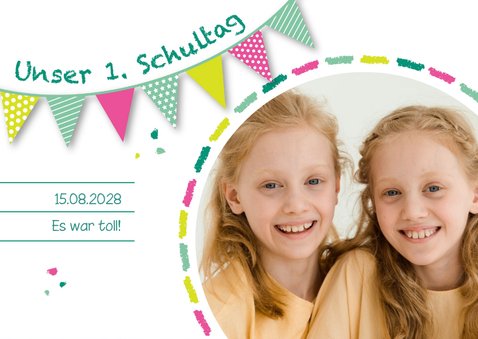 Dankeskarte Einladung grünrosa Zwilling Schultafel & Foto 2