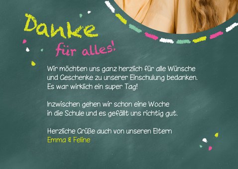 Dankeskarte Einladung grünrosa Zwilling Schultafel & Foto 3