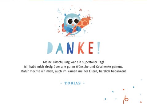 Dankeskarte Einschulung blaue Eule mit Schultüte 3