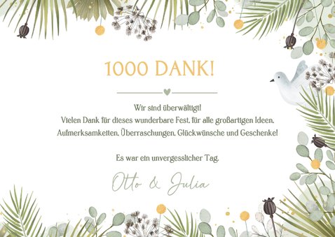 Dankeskarte Fotocollage Hochzeitstauben grüne Zweige 3