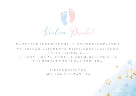 Danksagung Geburtskarte Zwilling blau-rosa Füßchen 3