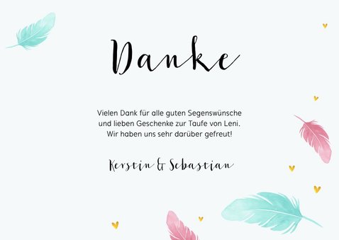 Danksagung Taufe Foto & Federn in rosa und blau 3
