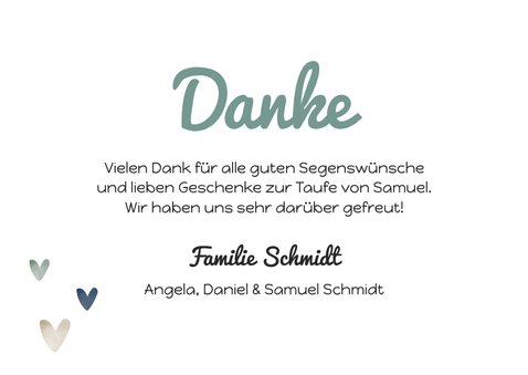 Danksagung zur Taufe blau Fotos, Wegweiser und Herzen 3