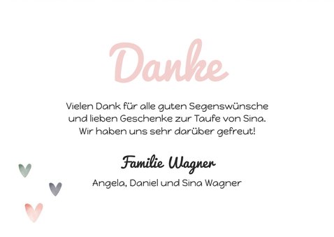 Danksagung zur Taufe rosa Fotos, Wegweiser und Herzen 3
