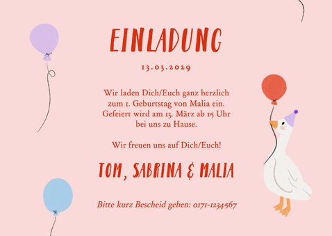 Einladung 1. Kindergeburtstag Gänse mit Partyhut & Ballons 3