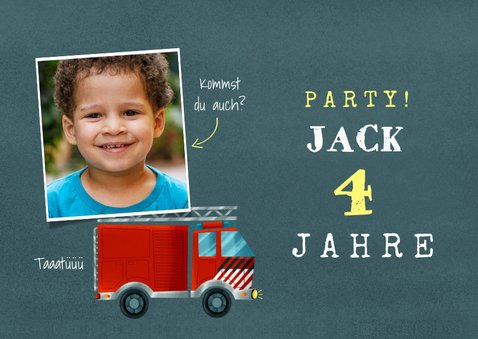 Einladung 4. Kindergeburtstag Feuerwehrauto mit Foto 2