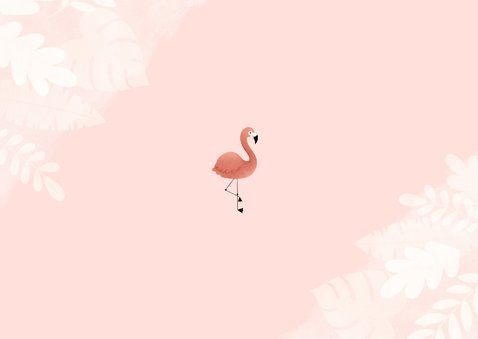 Einladung 6. Kindergeburtstag botanisch Flamingo und Foto Rückseite