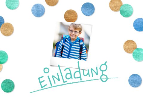 Einladung Einschulung Fotocollage & Konfetti blau 2