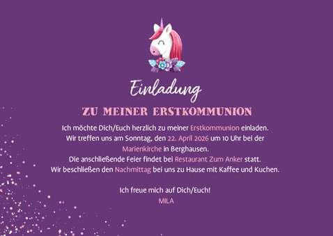 Einladung Kommunion Foto, Einhorn Mädchen 3