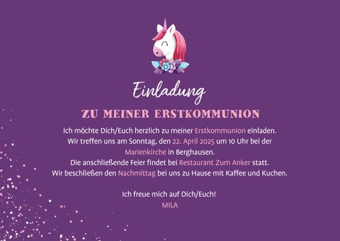 Einladung Kommunion Foto, Einhorn Mädchen 3