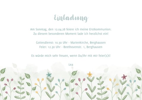 Einladung Kommunion mit illustrierten Zweigen und Blumen 3