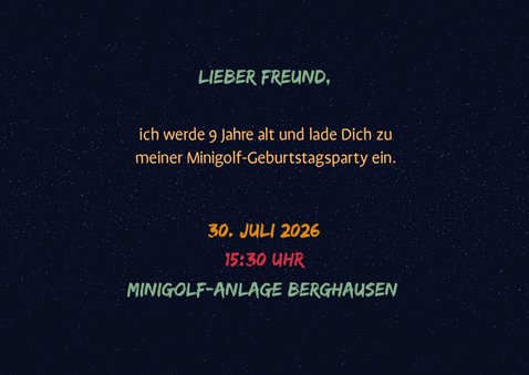 Einladung Minigolf-Party - Funky Lettering 9 Jahre 2