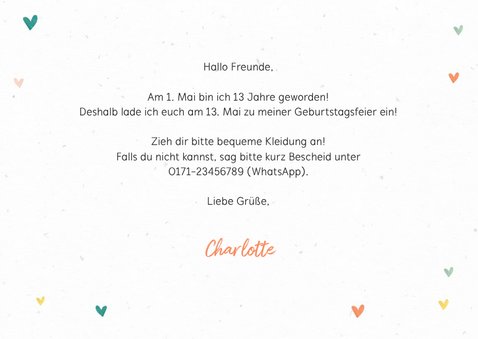 Einladung mit Wegweiser und bunten Herzen 13. Geburtstag 3