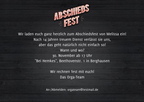 Einladung zum Abschiedsfest Schriftzug in 3D 3