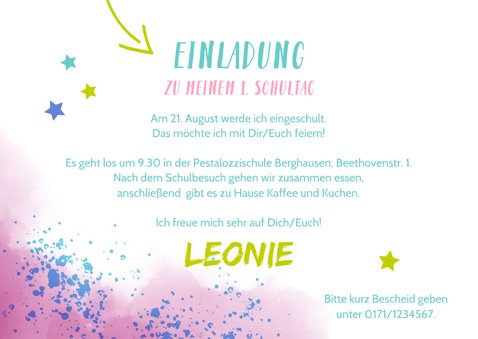 Einladung zur Einschulung Foto & rosablaue Kleckse 3