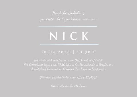 Einladung zur Kommunion blau schlichte Eleganz mit Foto 3