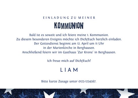 Einladung zur Kommunion Denim & Sterne Foto innen 3