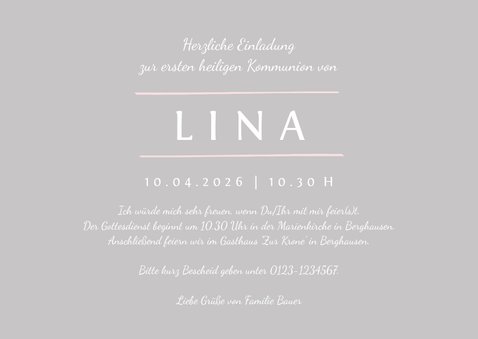 Einladung zur Kommunion rosa schlichte Eleganz mit Foto 3