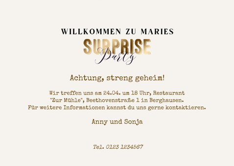 Einladung zur Surpriseparty mit Schriftzug im Goldlook 3