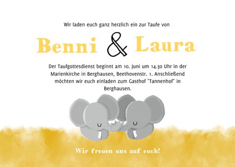 Einladung zur Taufe Zwillinge mit niedlichen Elefanten 3